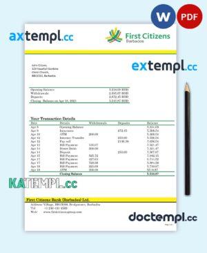 sample Barbados first citizens bank statement template in Word and PDF format download