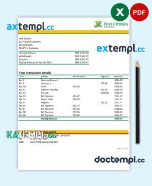 sample Barbados First Citizens bank statement template in Excel and PDF format download