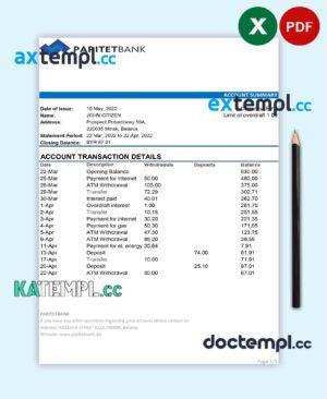 sample Belarus Paritet bank statement template in Excel and PDF format download