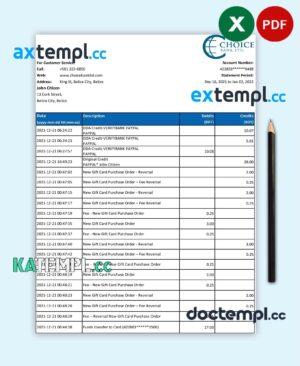 sample Belize Choice Bank statement template in Excel and PDF format download
