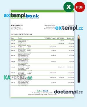 sample Belize bank statement template in Excel and PDF format, fully editable download