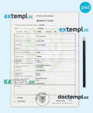 sample Czech birth certificate fully editable template in PSD format download