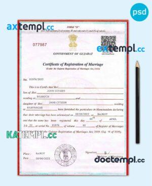 sample India Government of Gujarat marriage certificate template in PSD format download