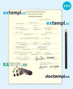 sample Kenya birth certificate template in PSD format, fully editable download