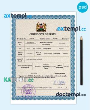 sample Kenya vital record death certificate PSD template, fully editable download
