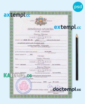 sample Latvia birth certificate template in PSD format download