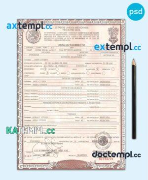 sample Mexico birth certificate template in PSD format, fully editable download
