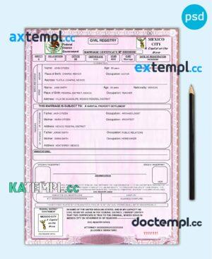 sample Mexico marriage certificate template in PSD format, fully editable download
