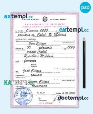 sample Moldova birth certificate template in PSD format, fully editable download