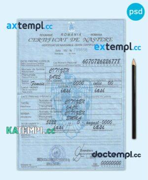 sample Romania birth certificate template in PSD format, fully editable download
