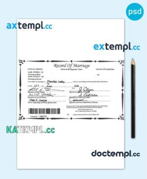 sample USA Arizona state marriage certificate template in PSD format download