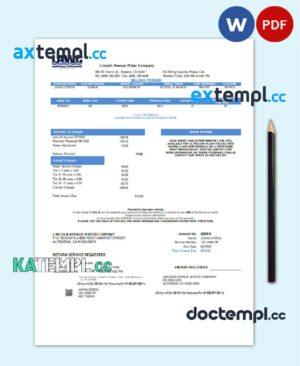 sample USA California Lincoln Avenue Water Company utility bill template in Word and PDF format download