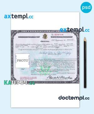 sample USA Citizenship certificate template in PSD format, fully editable download