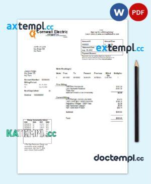 sample USA Cornwall Electric utility bill template in Word and PDF format download