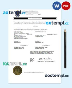 sample USA Massachussetts Death Certificate statement template in Word and PDF format download