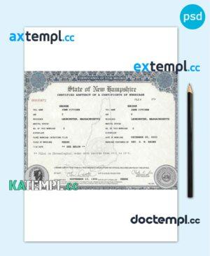 sample USA New Hampshire state marriage certificate template in PSD format, fully editable download