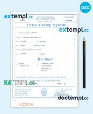 sample USA New York state marriage certificate template in PSD format download