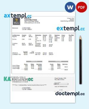 sample USA Ohio construction company earnings statement template in Word and PDF format download