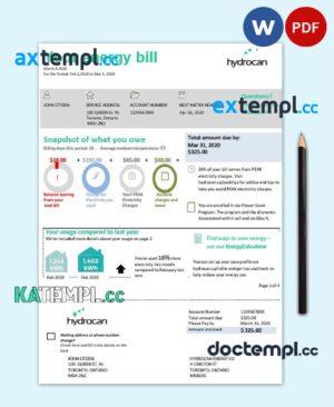 sample USA Ontario Hydrocan electricity utility bill template in Word and PDF format download