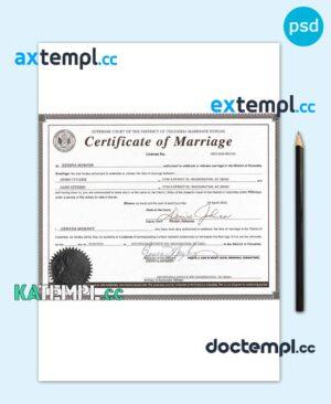 sample USA Washington district of Columbia marriage certificate template in PSD format download