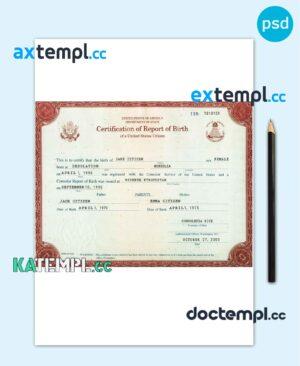 sample USA certification of report of birth Washington certificate template in PSD format, fully editable download