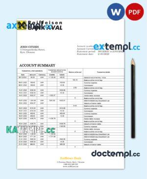 sample Ukraine Raiffeisen Bank statement template, Word and PDF format (.doc and .pdf) download