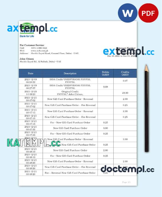 sample United Arab Emirates MCB bank statement template in Word and PDF format download