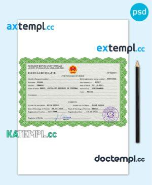 sample Vietnam birth certificate template in PSD format, fully editable download