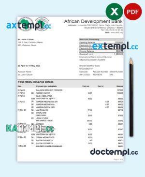 sample Benin African Development Bank statement template in Excel and PDF format download