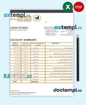 sample Benin Banque Atlantique bank statement template in Excel and PDF format download