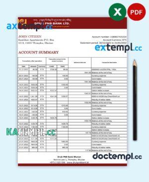 sample Bhutan Druk PNB bank statement template in Excel and PDF format (autosum) download