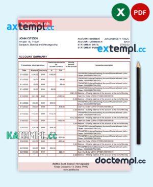 sample Bosnia and Herzegovina Addiko Bank statement template in Excel and PDF format (autosum) download