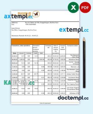 sample Burkina Faso Banque Atlantique bank statement Excel and PDF template (AutoSum) download