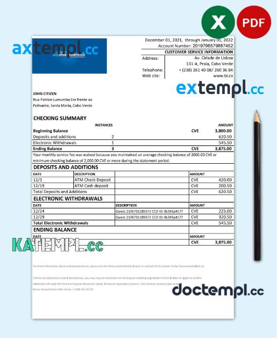 sample Cabo Verde Banco Inter-Atlântico bank statement Excel and PDF template (AutoSum) download