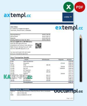 sample Cambodia ACLEDA bank statement Excel and PDF template (AutoSum) download