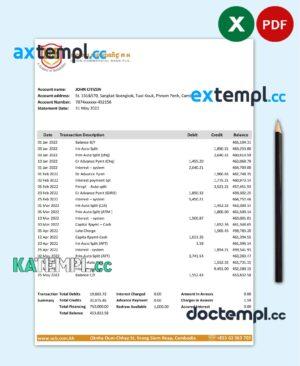 sample Cambodia Union Commercial bank statement Excel and PDF template, fully editable (AutoSum) download