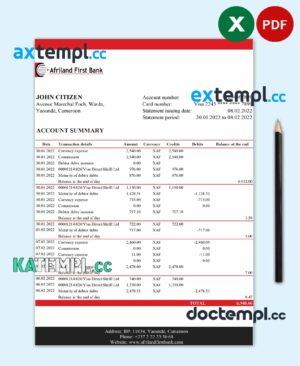 sample Cameroon Afriland First bank statement Excel and PDF template (AutoSum) download