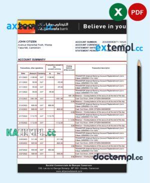 sample Cameroon SCB bank statement Excel and PDF template, fully editable (AutoSum) download
