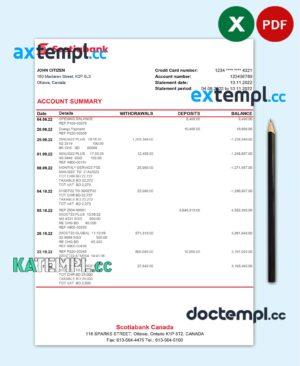 sample Canada Scotiabank bank statement Excel and PDF template, fully editable (AutoSum) download