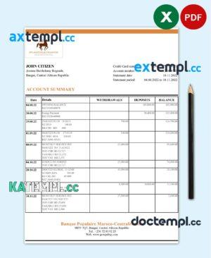 sample Central African Republic Banque Populaire Maroco Centrafricaine bank statement Excel and PDF template, fully editable (AutoSum) download