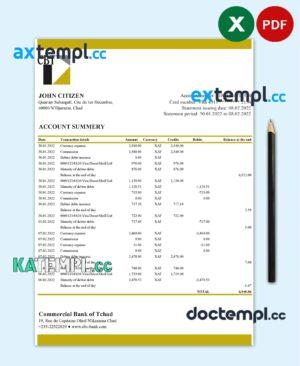 sample Chad Commercial Bank of Tchad bank statement Excel and PDF template, fully editable (AutoSum) download