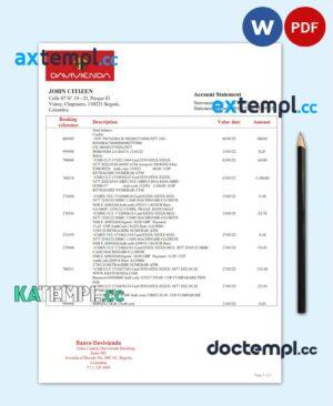sample Colombia Banco Davivienda bank statement template in Word and PDF format download