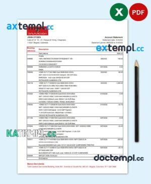 sample Colombia Banco Davivienda bank statement Excel and PDF template (AutoSum) download