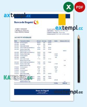 sample Colombia Banco de Bogotá bank statement easy to fill template in Excel and PDF format download