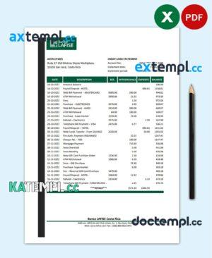 sample Costa Rica Banco Lafise bank statement Excel and PDF template download