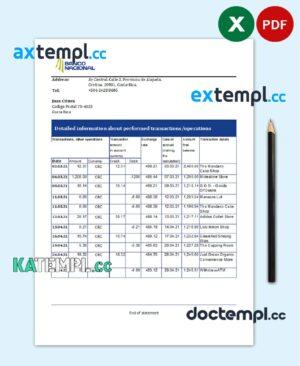 sample Costa Rica Banco Nacional bank statement easy to fill template in .xls and .pdf file format download