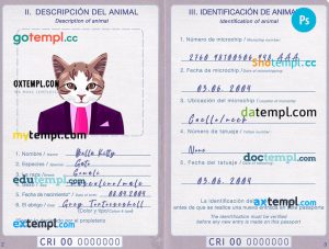 free download Costa Rican cat (animal, pet) passport PSD example, completely editable