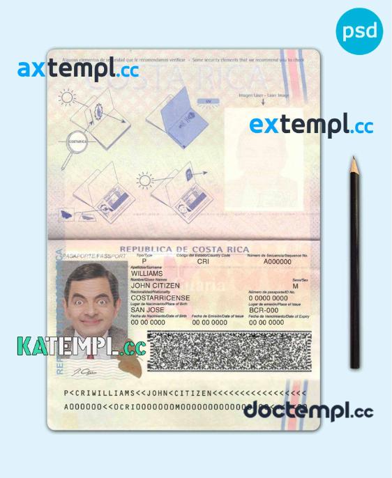 sample Costa Rica passport template in PSD format, fully editable download