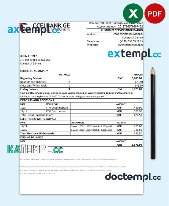 sample Equatorial Guinea CCEI Bank statement Excel and PDF template download