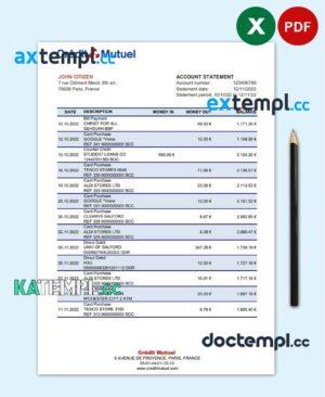 sample France Credit Mutuel bank statement Excel and PDF template download